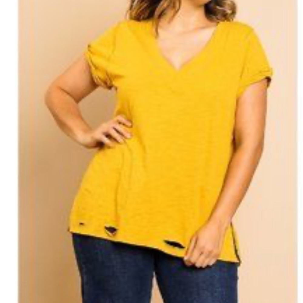 Umgee Distressed Hem Gathered Short Sleeve Exposed Seam Top Shirt Size XL